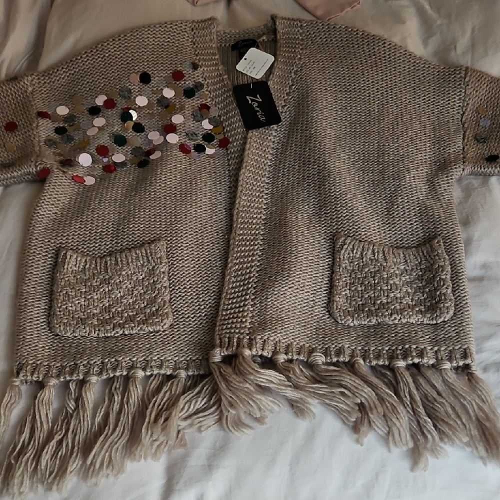 Zoria 3/4 Sleeve Cardigan.  Taupe With Festive Baubles And Fringe.  Women Med.